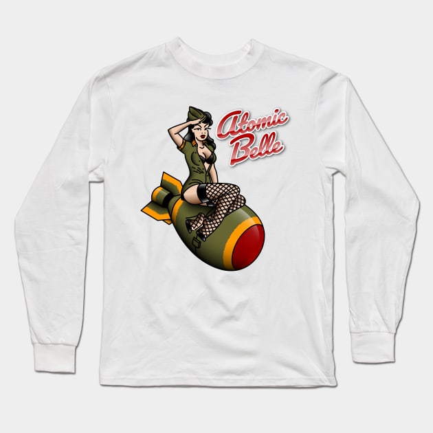 American Traditional Patriotic Atomic Bomb Belle Pin-up Girl Long Sleeve T-Shirt by OldSalt